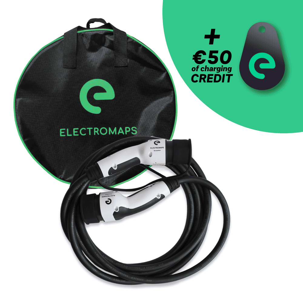 Electromaps Kit inicial para condutores de veículos eléctricos: Cabo + bolsa, porta-chaves RFID Electropass e 50 euros de crédito de carregamento